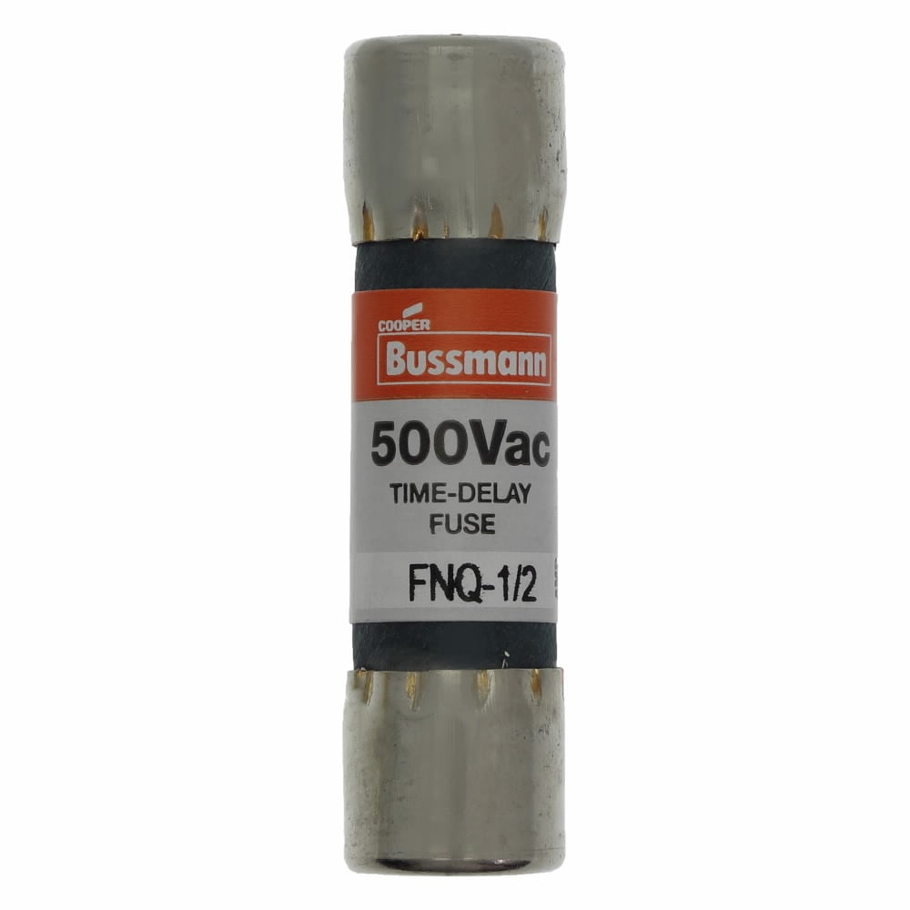 Eaton Bussmann series FNQ fuse, Time-delay Midget fuse, Motor control transformers, circuits with in-rush currents, 0.5 A, Non-indicating, Ferrule end x ferrule end, 10 kAIC at 500 Vac, Nickel-plated bronze endcap, Standard, 500 V