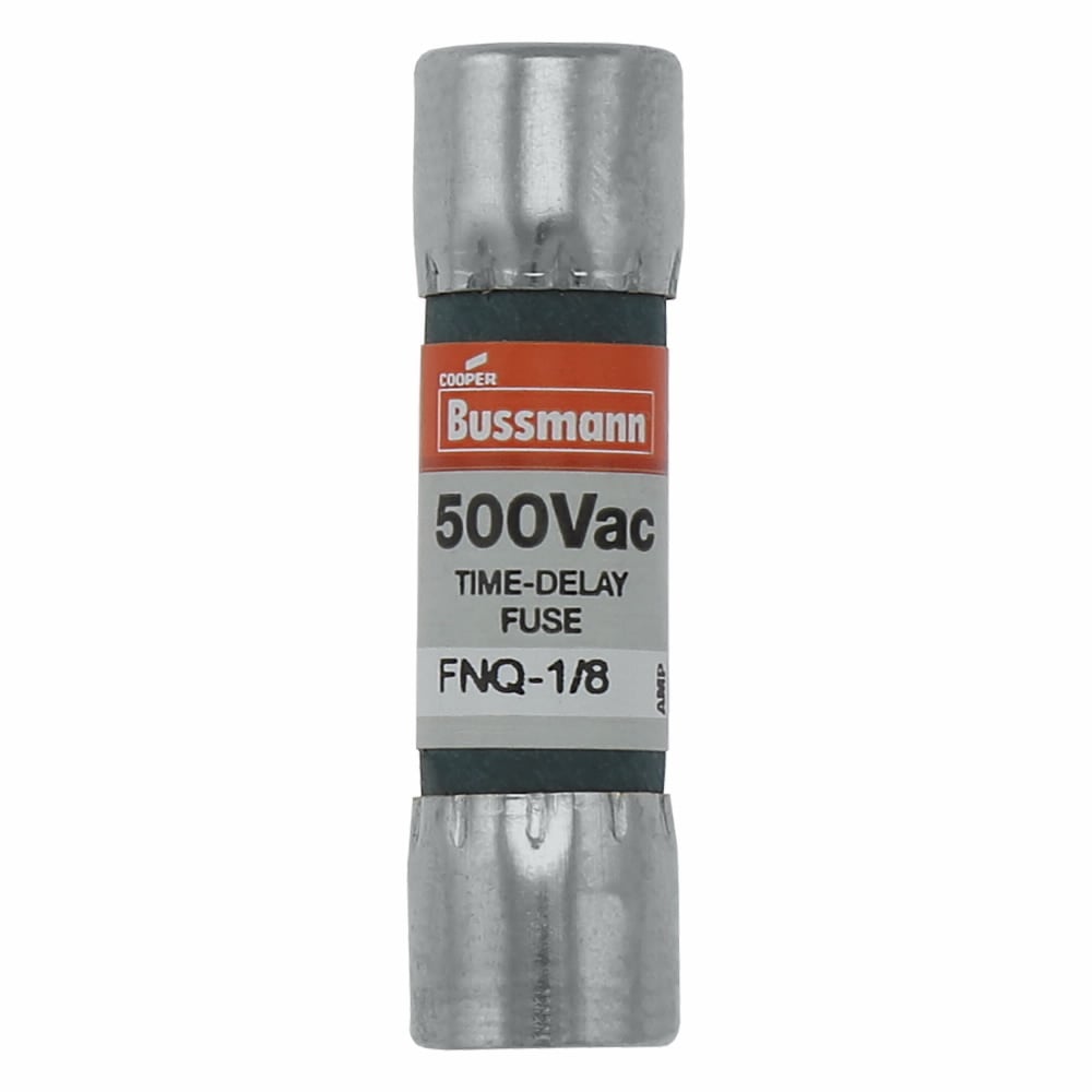 Eaton Bussmann series FNQ fuse, Time-delay Midget fuse, Motor control transformers, circuits with in-rush currents, 0.125 A, Non-indicating, Ferrule end x ferrule end, 10 kAIC at 500 Vac, Nickel-plated bronze endcap, Standard, 500 V