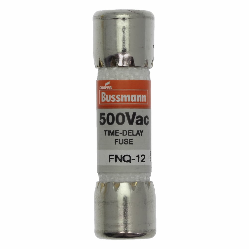 Eaton Bussmann series FNQ fuse, Time-delay Midget fuse, Motor control transformers, circuits with in-rush currents, 12 A, Non-indicating, Ferrule end x ferrule end, 10 kAIC at 500 Vac, Nickel-plated bronze endcap, Standard, 500 V