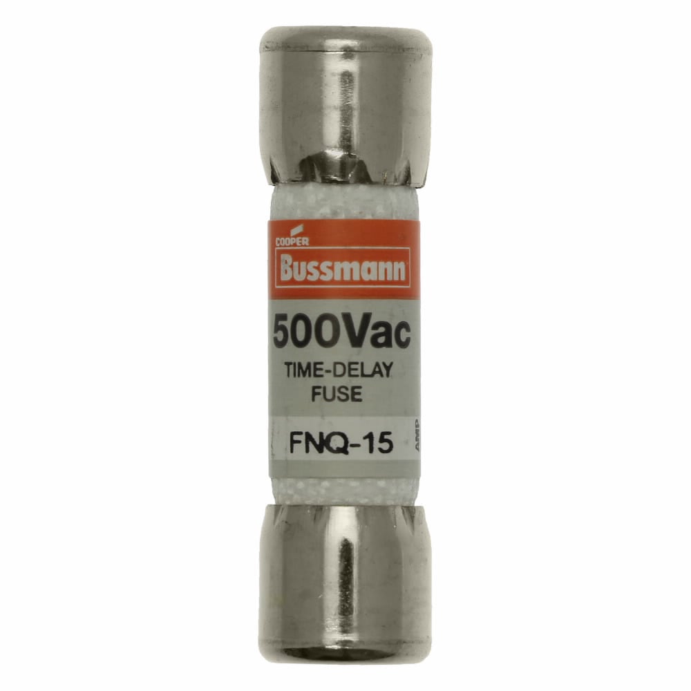 Eaton Bussmann series FNQ fuse, Time-delay Midget fuse, Motor control transformers, circuits with in-rush currents, 15 A, Non-indicating, Ferrule end x ferrule end, 10 kAIC at 500 Vac, Nickel-plated bronze endcap, Standard, 500 V