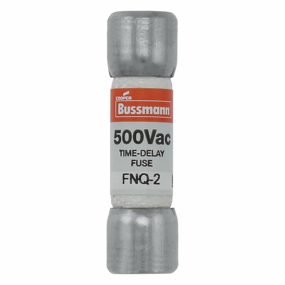 Eaton Bussmann series FNQ fuse, Time-delay Midget fuse, Motor control transformers, circuits with in-rush currents, 2 A, Non-indicating, Ferrule end x ferrule end, 10 kAIC at 500 Vac, Nickel-plated bronze endcap, Standard, 500 V