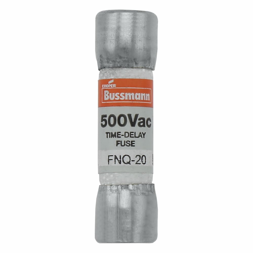 Eaton Bussmann series FNQ fuse, Time-delay Midget fuse, Motor control transformers, circuits with in-rush currents, 20 A, Non-indicating, Ferrule end x ferrule end, 10 kAIC at 500 Vac, Nickel-plated bronze endcap, Standard, 500 V