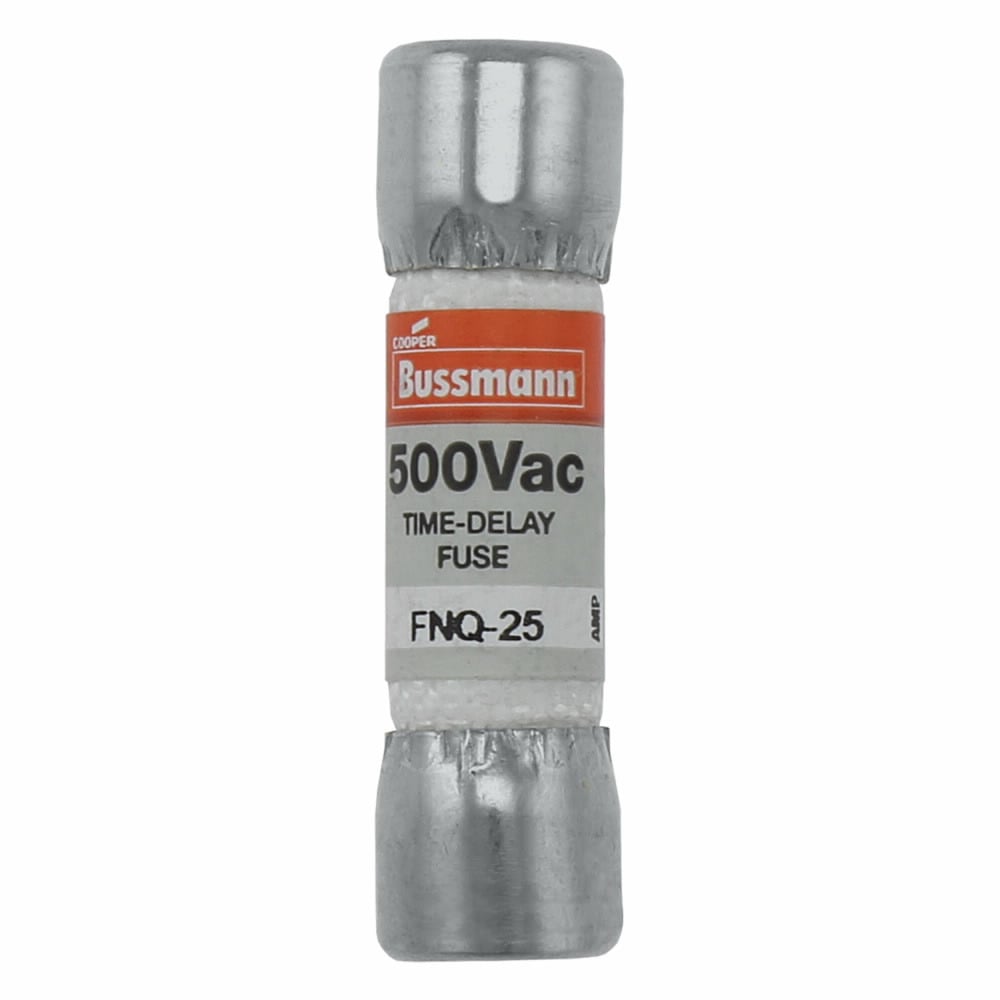 Eaton Bussmann series FNQ fuse, Time-delay Midget fuse, Motor control transformers, circuits with in-rush currents, 25 A, Non-indicating, Ferrule end x ferrule end, 10 kAIC at 500 Vac, Nickel-plated bronze endcap, Standard, 500 V