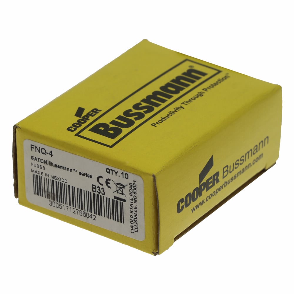Eaton Bussmann series FNQ fuse, Time-delay Midget fuse, Motor control transformers, circuits with in-rush currents, 4 A, Non-indicating, Ferrule end x ferrule end, 10 kAIC at 500 Vac, Nickel-plated bronze endcap, Standard, 500 V