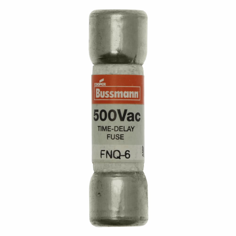 Eaton Bussmann series FNQ fuse, Time-delay Midget fuse, Motor control transformers, circuits with in-rush currents, 6 A, Non-indicating, Ferrule end x ferrule end, 10 kAIC at 500 Vac, Nickel-plated bronze endcap, Standard, 500 V