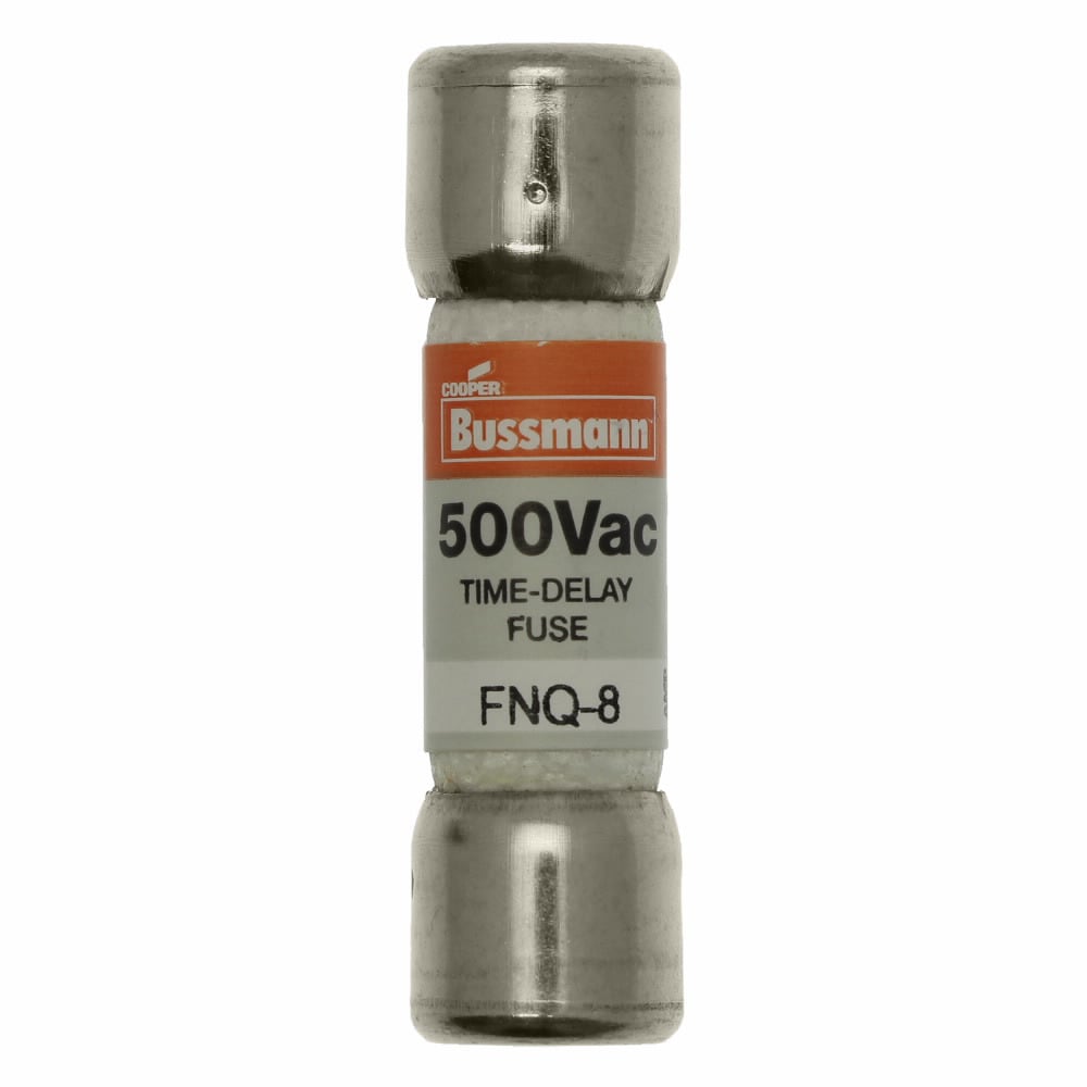 Eaton Bussmann series FNQ fuse, Time-delay Midget fuse, Motor control transformers, circuits with in-rush currents, 8 A, Non-indicating, Ferrule end x ferrule end, 10 kAIC at 500 Vac, Nickel-plated bronze endcap, Standard, 500 V