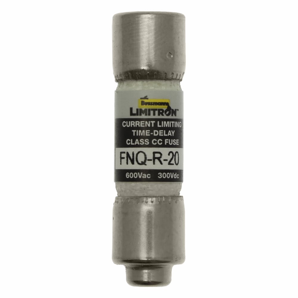 Eaton Bussmann series FNQ-R fuse, Current-limiting time-delay fuse, 20 A, CC, Non-indicating, Ferrule end x ferrule end, 12 sec at 200%, 20 kAIC at 300 Vdc,200 kAIC at 600 V, Melamine tube, 600 V, 300 Vdc
