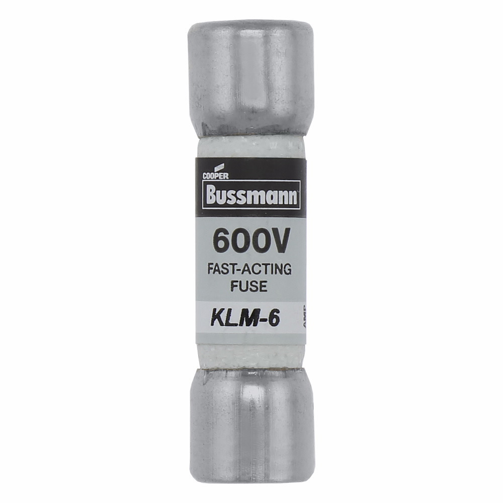 Eaton Bussmann series KLM fuse, LIMITRON Fast-acting fuse, 6 A, Non-indicating, Ferrule end x ferrule end, 50 kAIC at 600 Vdc,100 kAIC at 600 V, Melamine tube,Nickel-plated bronze endcap, 600 V, 600 Vdc