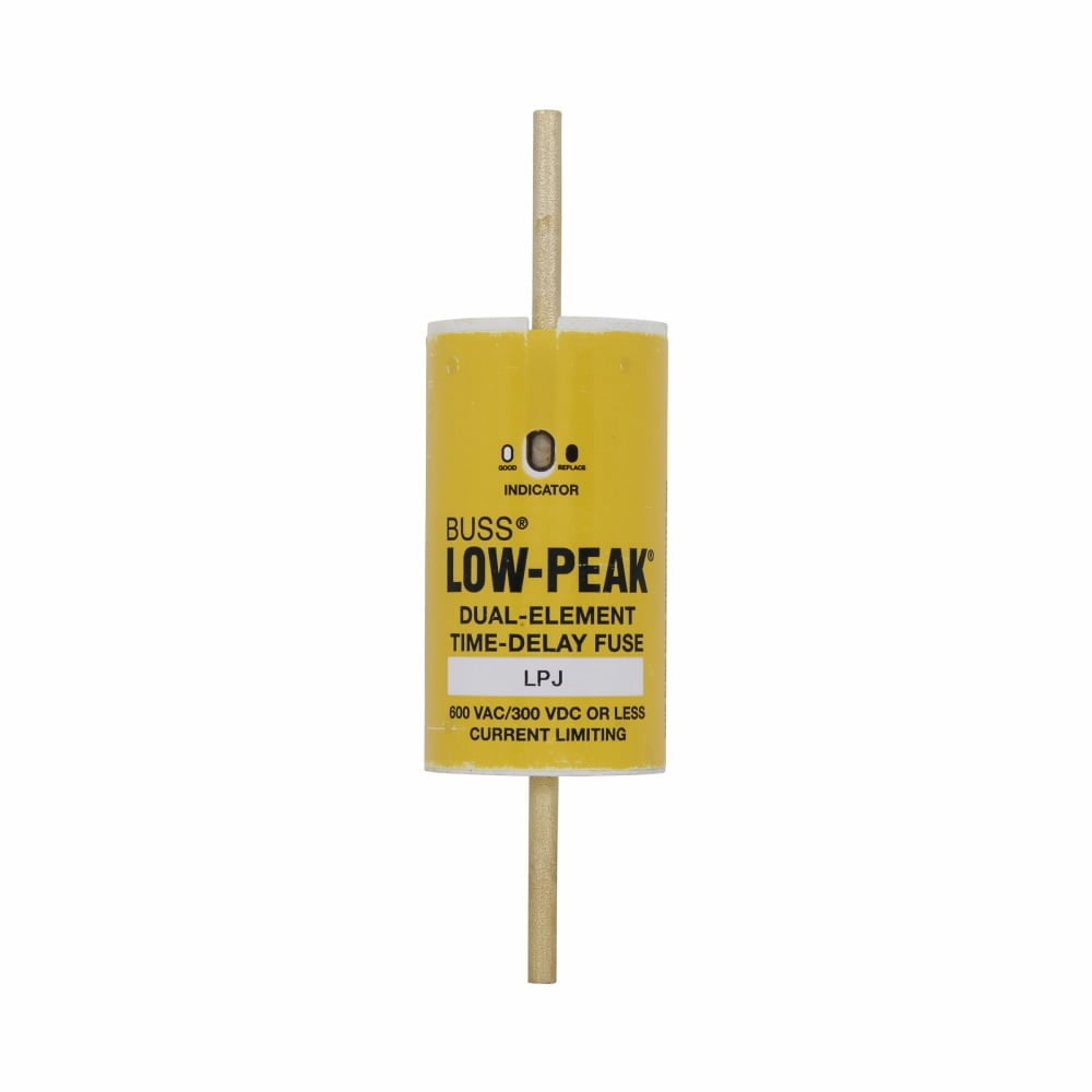 Eaton Bussmann series LPJ fuse, Low-peak fuse, 150 A, Dual, Class J, With Indicator, Bolted blade end x bolted blade end, Time delay,Current-limiting, 10 sec at 500%, 100 kAIC Vdc,300 kAIC at 600 V, Standard, 600 V, 300 Vdc