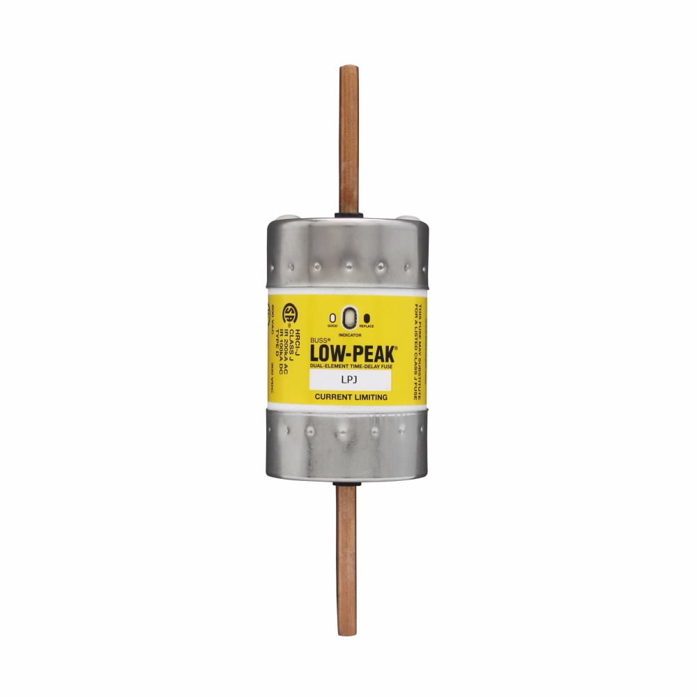 Eaton Bussmann series LPJ fuse, Low-peak fuse, 250 A, Dual, Class J, With Indicator, Bolted blade end x bolted blade end, Time delay,Current-limiting, 10 sec at 500%, 300 kAIC at 600 V,100 kAIC Vdc, Standard, 600 V, 300 Vdc