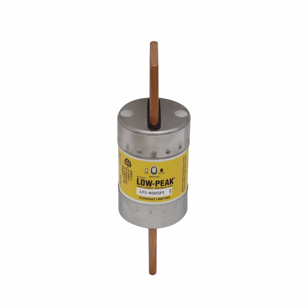 Eaton Bussmann series LPJ fuse, Low-peak fuse, 350 A, Dual, Class J, With Indicator, Bolted blade end x bolted blade end, Time delay,Current-limiting, 10 sec at 500%, 100 kAIC Vdc,300 kAIC at 600 V, Standard, 600 V, 300 Vdc