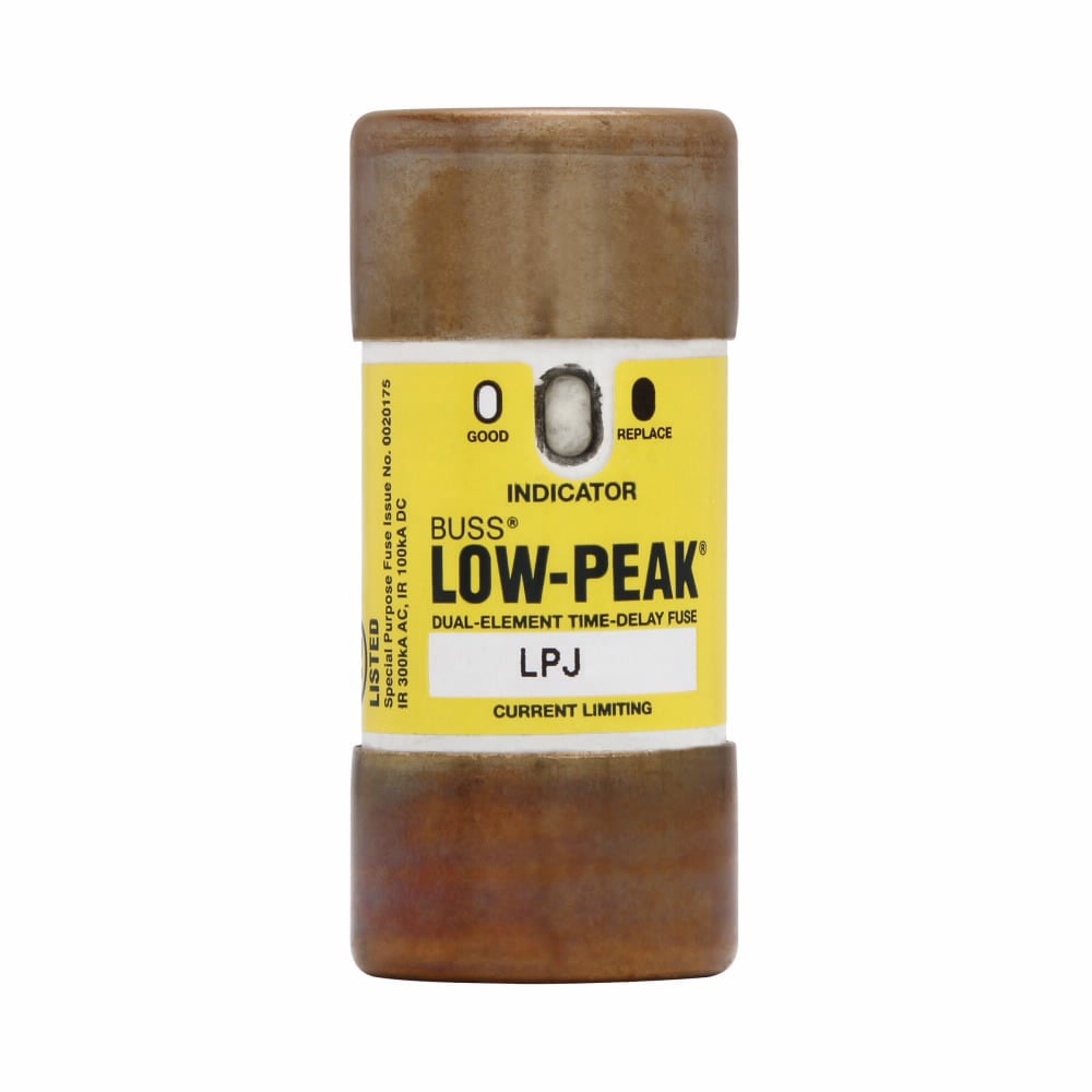 Eaton Bussmann series LPJ fuse, Low-peak fuse, 40 A, Dual, Class J, With Indicator, Ferrule end x ferrule end, Time delay,Current-limiting, 10 sec at 500%, 100 kAIC Vdc,300 kAIC at 600 V, Standard, 600 V, 300 Vdc