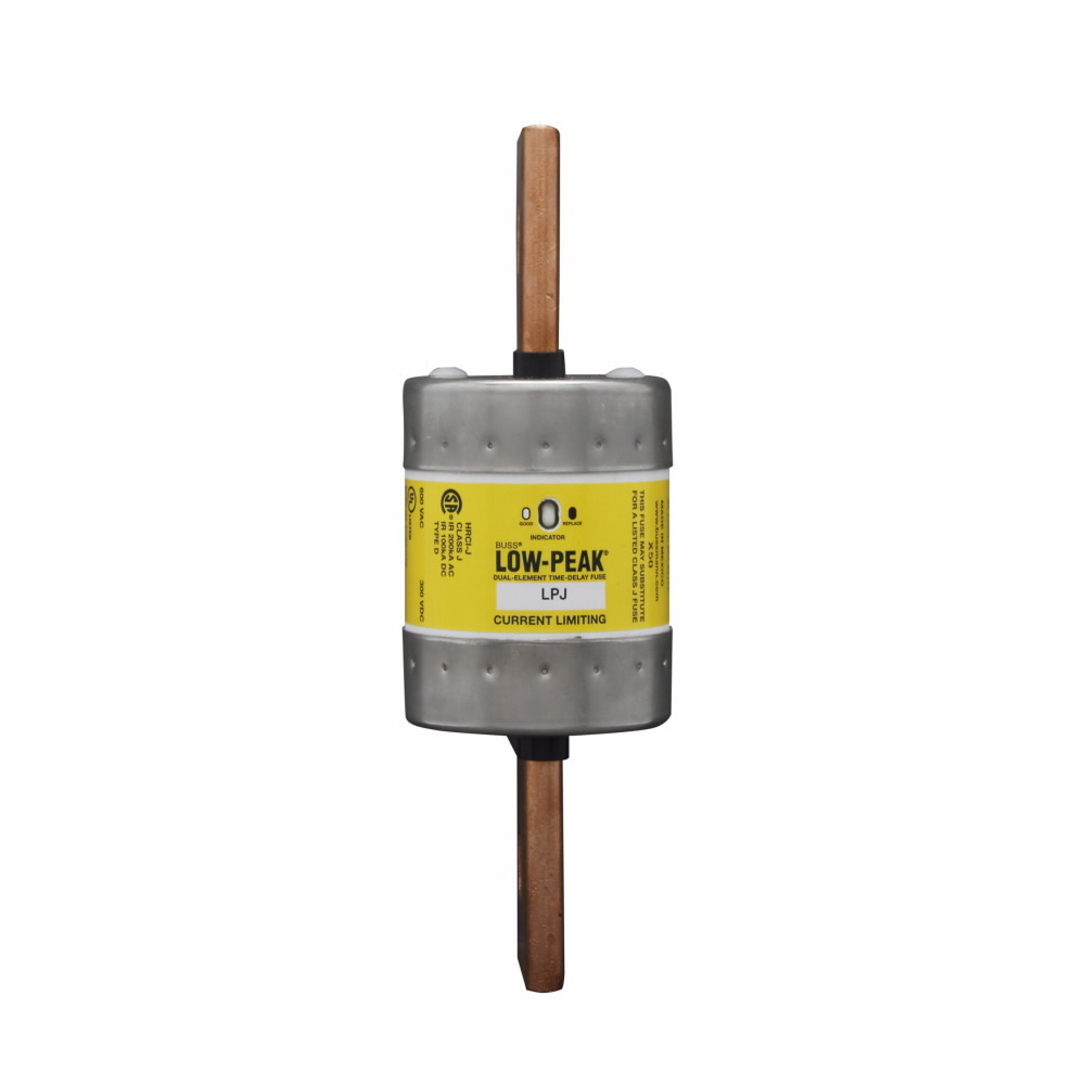 Eaton Bussmann series LPJ fuse, Low-peak fuse, 450 A, Dual, Class J, With Indicator, Bolted blade end x bolted blade end, Time delay,Current-limiting, 10 sec at 500%, 100 kAIC Vdc,300 kAIC at 600 V, Standard, 600 V, 300 Vdc