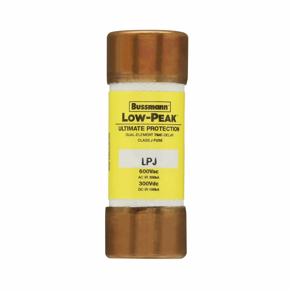 Eaton Bussmann series LPJ fuse, Low-peak fuse, 6 A, Dual, Class J, Non-indicating, Ferrule end x ferrule end, Time delay,Current-limiting, 10 sec at 500%, 100 kAIC Vdc,300 kAIC at 600 V, Standard, 600 V, 300 Vdc