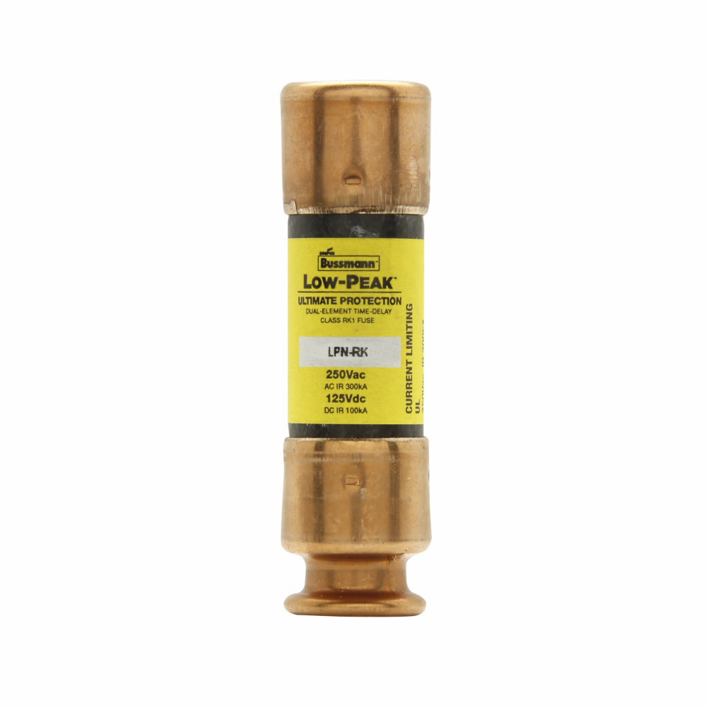 Eaton Bussmann series LPN-RK fuse, Low-peak fuse, 5 A, Dual, Class RK1, Non-indicating, Ferrule end x ferrule end, Time delay,Current-limiting, 8 sec at 500%, 300 kAIC at 250 V,100 kAIC at 125 Vdc, Standard, 10, 250 V, 125 Vdc