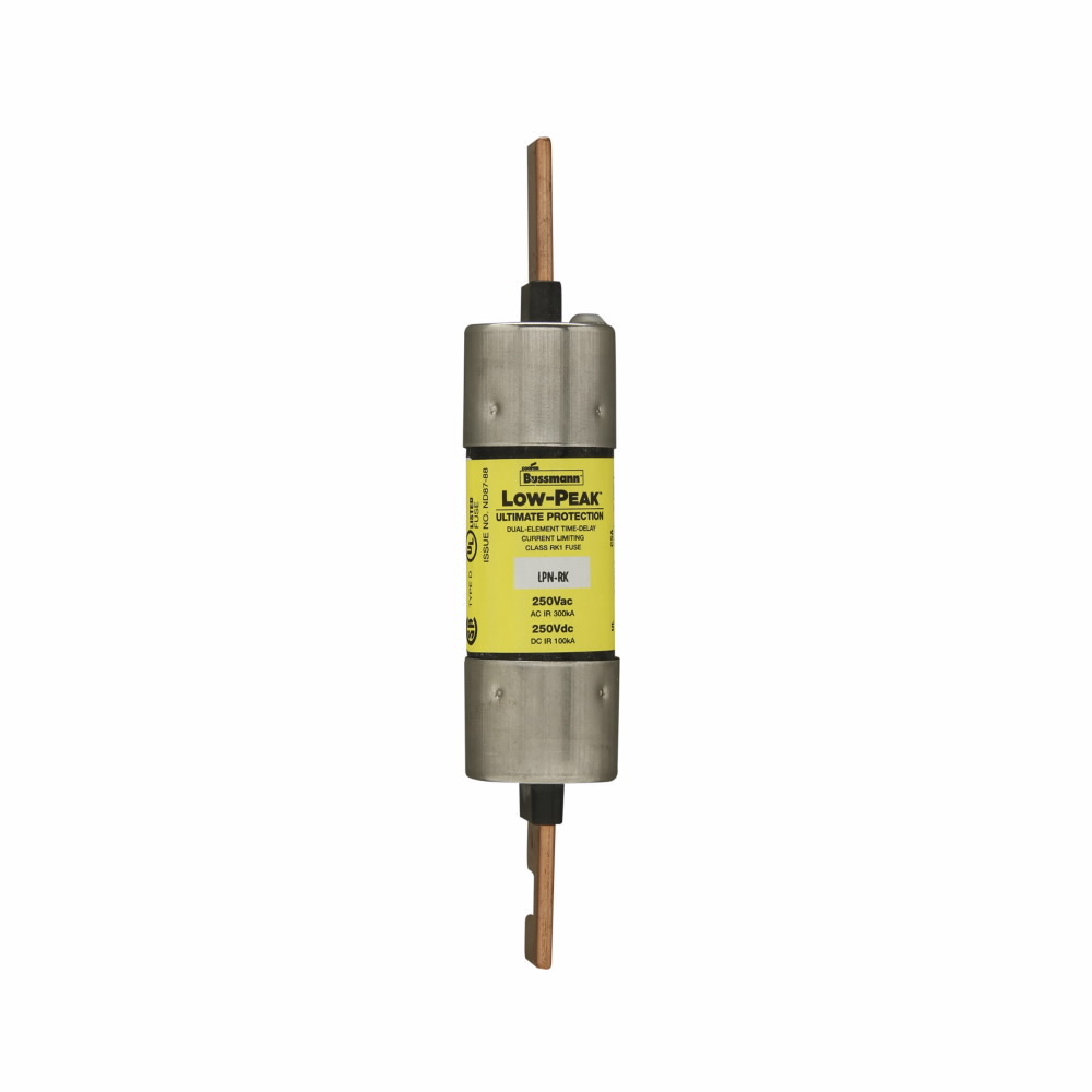 Eaton Bussmann series LPN-RK fuse, Low-peak fuse, 70 A, Dual, Class RK1, Non-indicating, Blade end x blade end, Time delay,Current-limiting, 100 kAIC at 250 Vdc,300 kAIC at 250 V, Standard, 5, 250 V, 250 Vdc