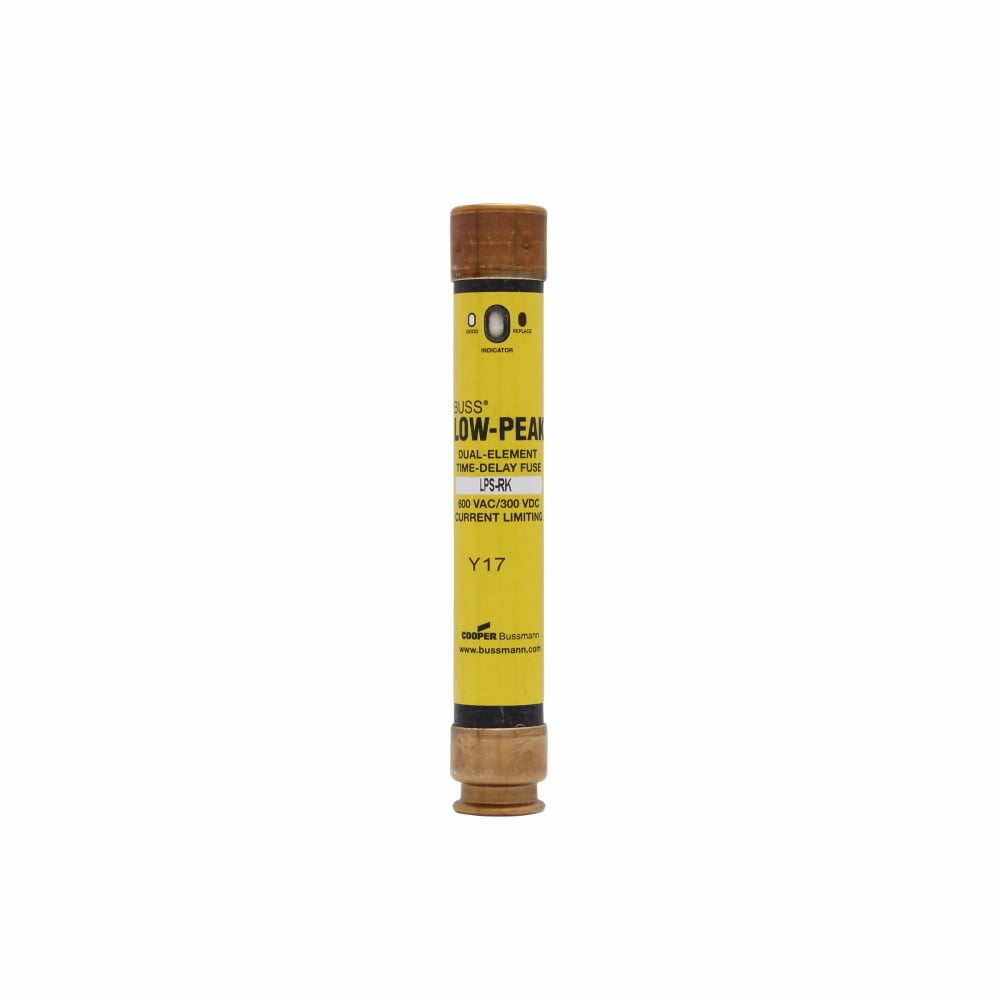 Eaton Bussmann series LPS-RK fuse, Low-peak fuse, 20 A, Dual, RK1, With Indicator, Ferrule end x ferrule end, Time delay,Current-limiting, 10 sec at 500%, 300 kAIC at 600 V,100 kAIC at 300 Vdc, Standard, 10, 600 V, 300 Vdc