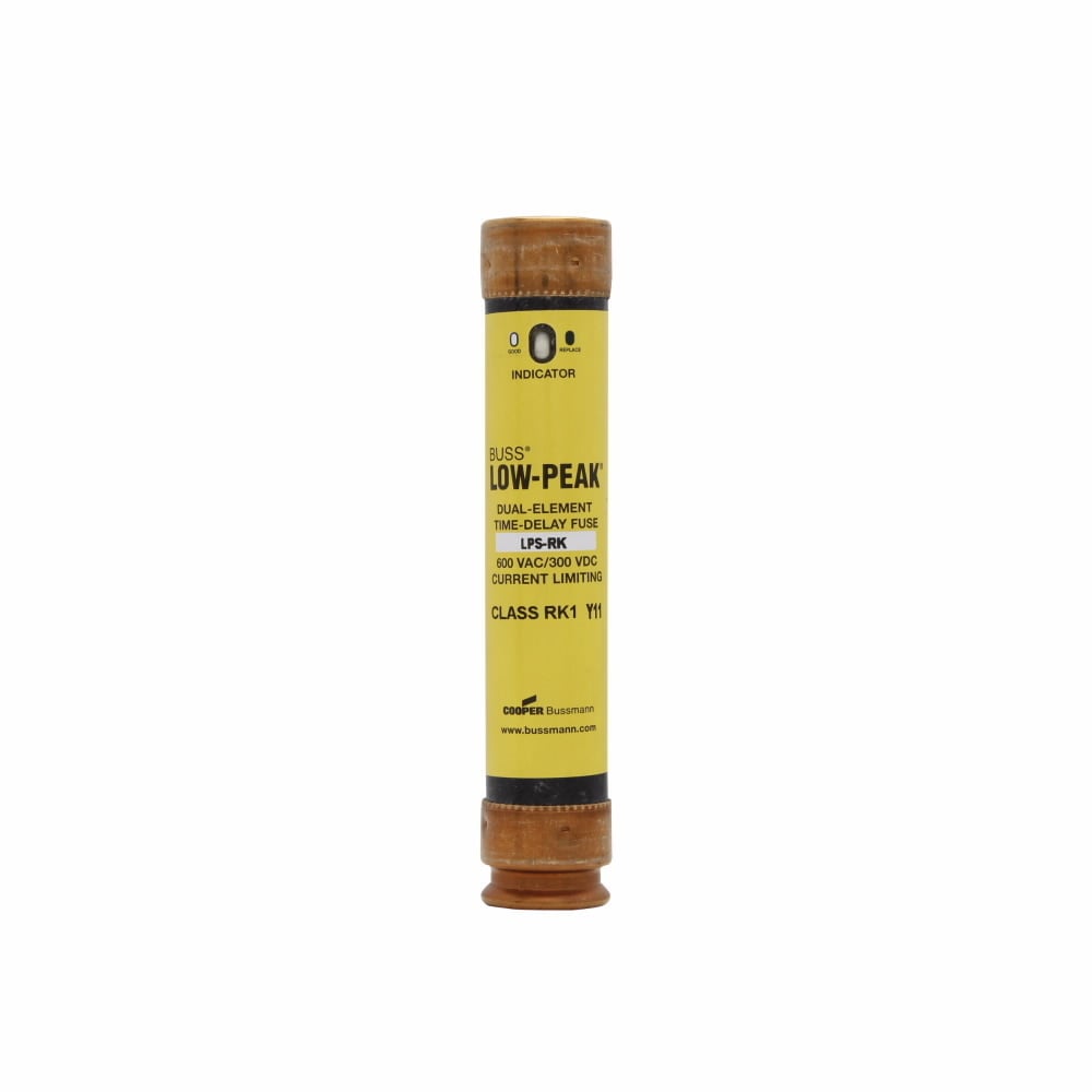 Eaton Bussmann series LPS-RK fuse, Low-peak fuse, 45 A, Dual, RK1, With Indicator, Ferrule end x ferrule end, Time delay,Current-limiting, 10 sec at 500%, 100 kAIC at 300 Vdc,300 kAIC at 600 V, Standard, 10, 600 V, 300 Vdc