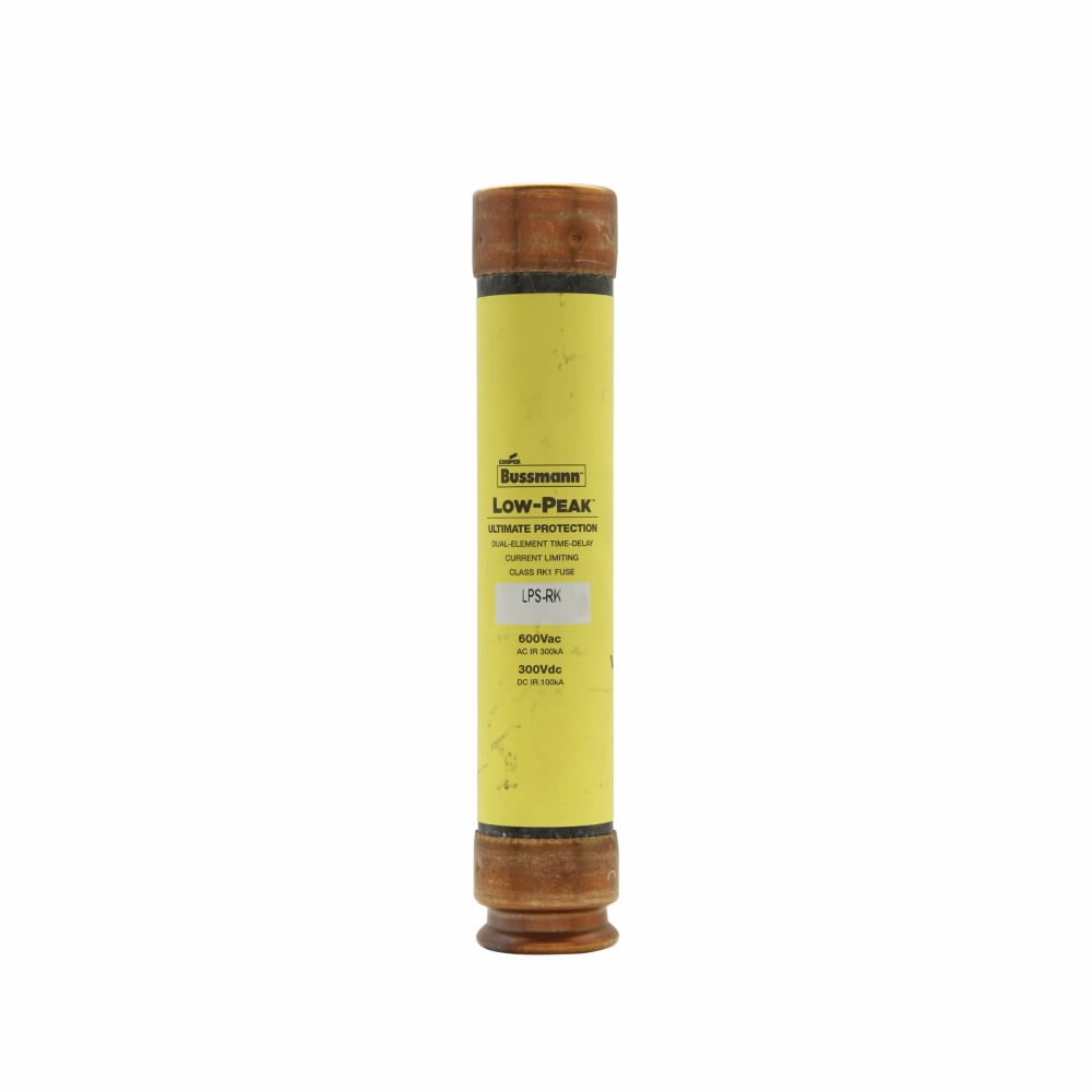 Eaton Bussmann series LPS-RK fuse, Low-peak fuse, 50 A, Dual, RK1, Non-indicating, Ferrule end x ferrule end, Time delay,Current-limiting, 10 sec at 500%, 100 kAIC at 300 Vdc,300 kAIC at 600 V, Standard, 10, 600 V, 300 Vdc