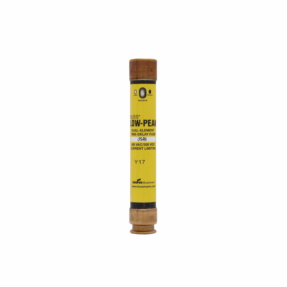 Eaton Bussmann series LPS-RK fuse, Low-peak fuse, 9 A, Dual, RK1, With Indicator, Time delay,Current-limiting, 10 sec at 500%, 300 kAIC at 600 V,100 kAIC at 300 Vdc, Standard, 10, 600 V, 300 Vdc