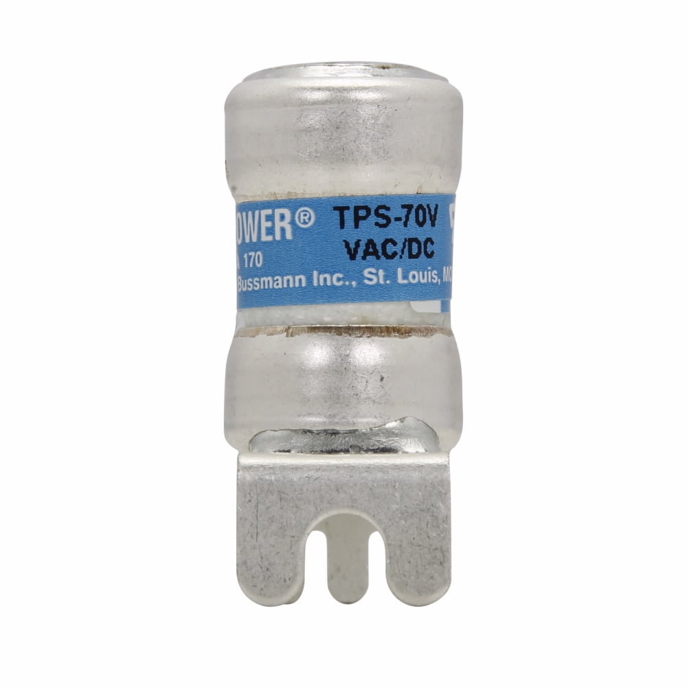 Eaton Bussmann series TPS telecommunication fuse, Vertical PCB tab, 170 Vdc, 50A, 100 kAIC, Non Indicating, Current-limiting, Non-indicating, Glass melamine tube, Silver-plated brass ferrules