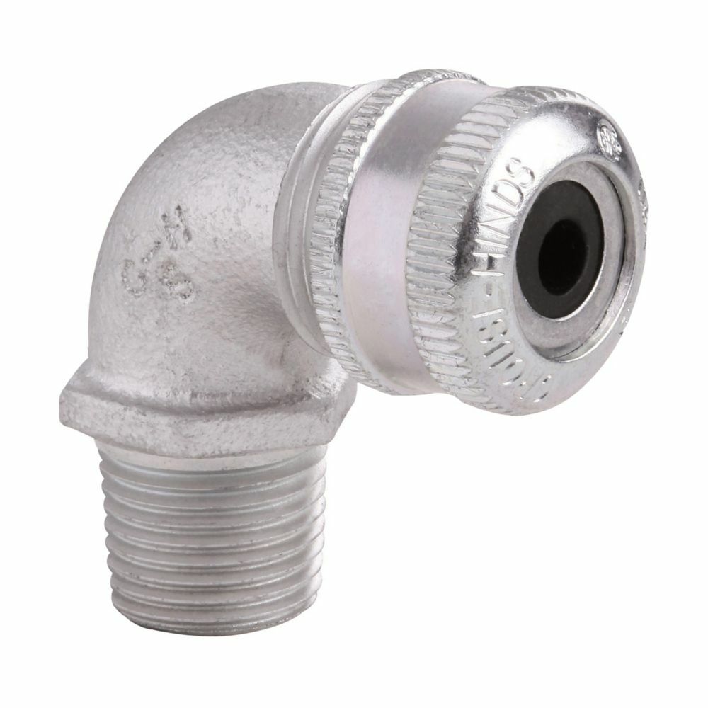 Eaton Crouse-Hinds series CGE cable gland, Cable range min/max: 0.125-0.250", Non-armoured and tray cable,  90 angle, Non-armoured gland, Feraloy iron alloy, General purpose, Sealing gasket and locknut, 1/2" NPT