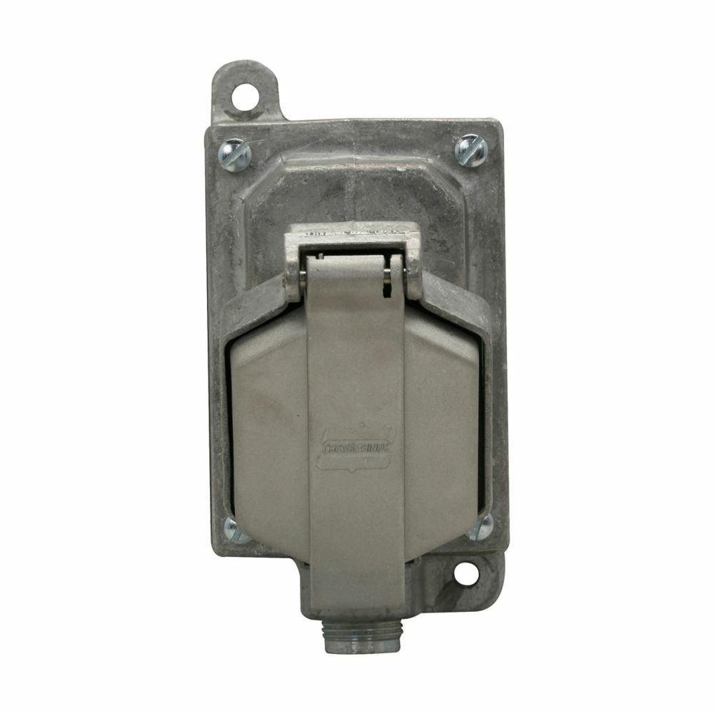 Eaton Crouse-Hinds series Arktite CPS receptacle assembly, 20A, Dead end, Two-wire, three-pole, Brass contacts, 60 Hz, Style 2, 1 HP, Copper-free alum, Single-gang, Factory sealed, 1/2", Delayed action circuit breaking, 125-250 Vac/18 Vdc