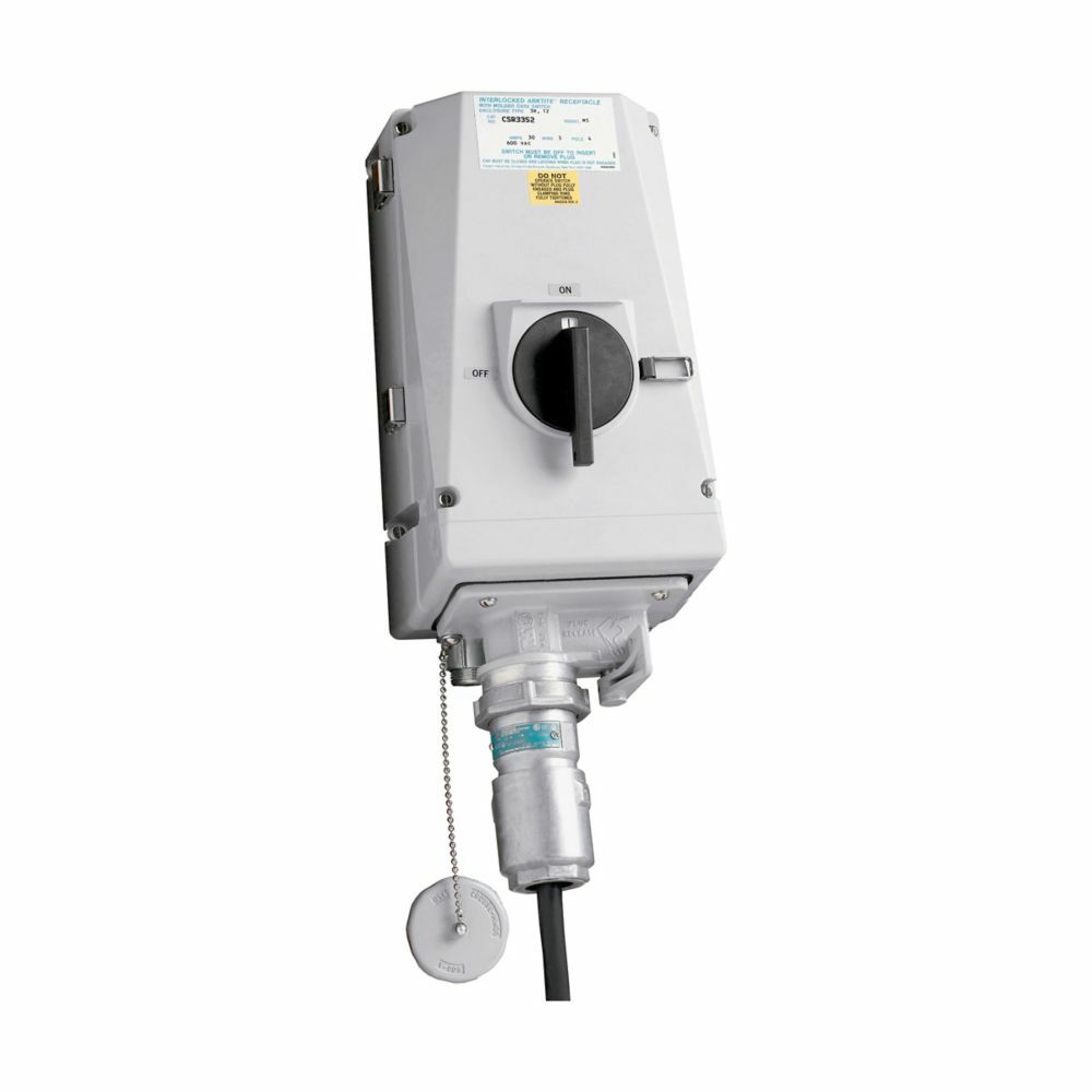Eaton Crouse-Hinds series Arktite CSR interlocked receptacle, 30A, Brass contacts, Fused, Style 2, 10 HP/20 HP/25 HP, Krydon fiberglass-reinforced polyester, 1", 250-600 Vac