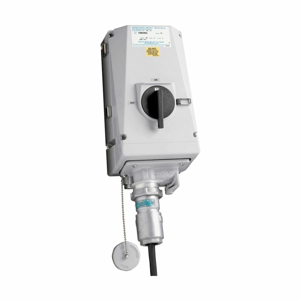 Eaton Crouse-Hinds series Arktite CSR interlocked receptacle, 30A, Brass contacts, Non-fused, Style 2, 10 HP/20 HP/25 HP, Krydon fiberglass-reinforced polyester, 1", 250-600 Vac