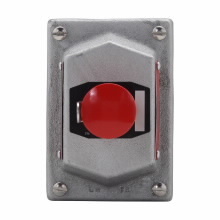 Eaton Crouse-Hinds series DSD front operated pushbutton cover and device sub-assembly, 10A, Red, Feraloy iron alloy, 1 circuit universal, 1 button, Maintained red emergency "STOP" button with lockout, factory sealed, 600 Vac