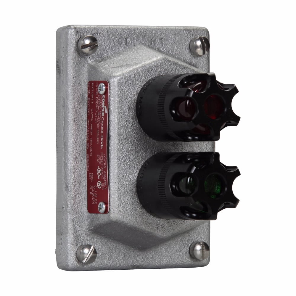 Eaton Crouse-Hinds series DSD pilot light cover and device sub-assembly, Red/green, Feraloy iron alloy, Factory sealed, Two pilot lights