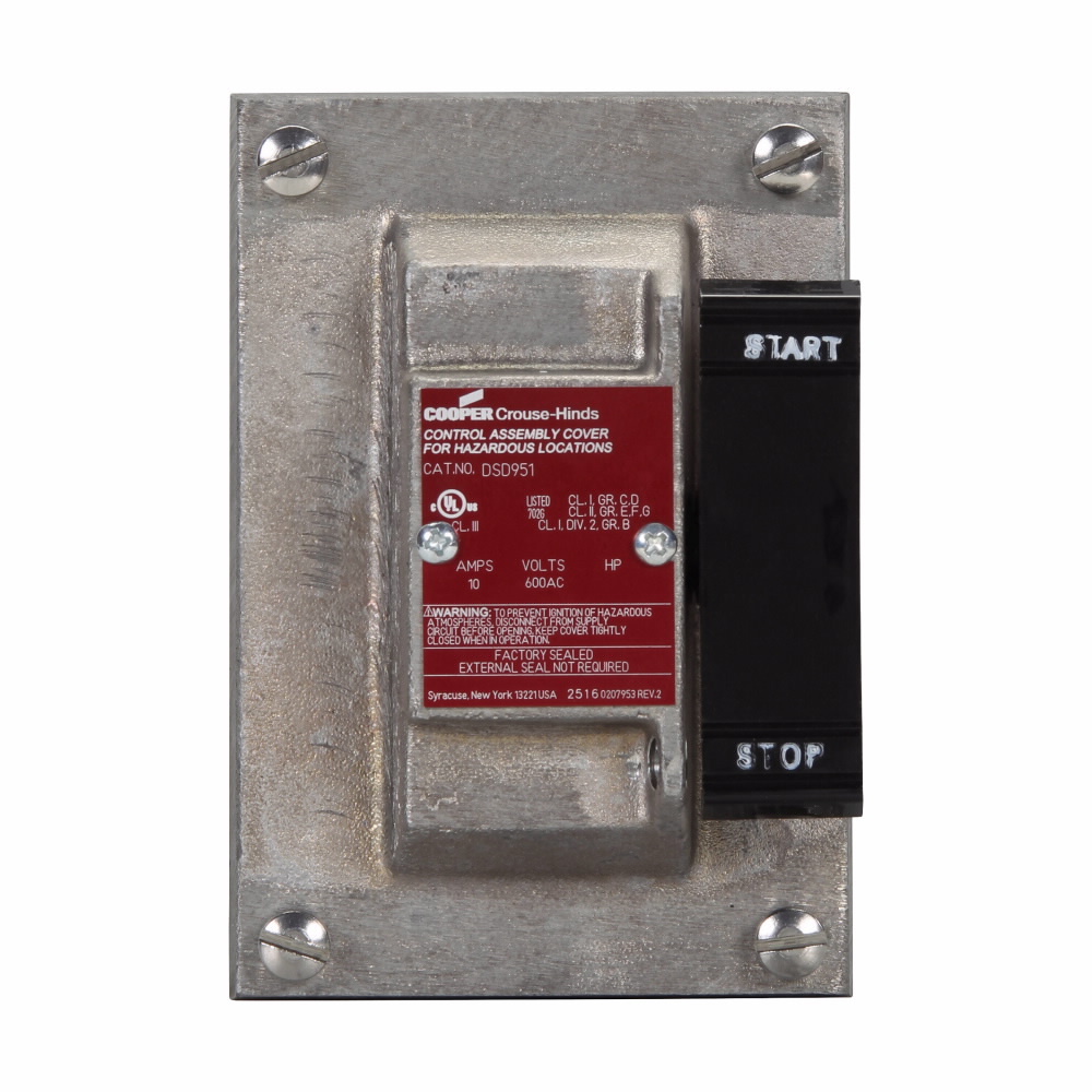 Eaton Crouse-Hinds series DSD side operated pushbutton cover and device sub-assembly, 10A, Feraloy iron alloy, 2 circuits, 1 open, 1 closed, Factory sealed, 600 Vac