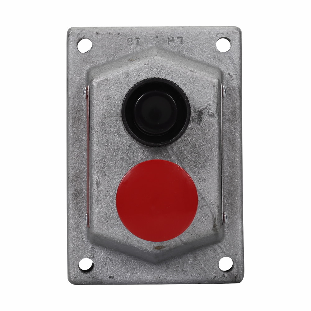 Eaton Crouse-Hinds series DSD front operated pushbutton cover and device sub-assembly, 10A, Black, Feraloy iron alloy, 2 circuits universal mushroom head, 2 buttons, Factory sealed, 600 Vac