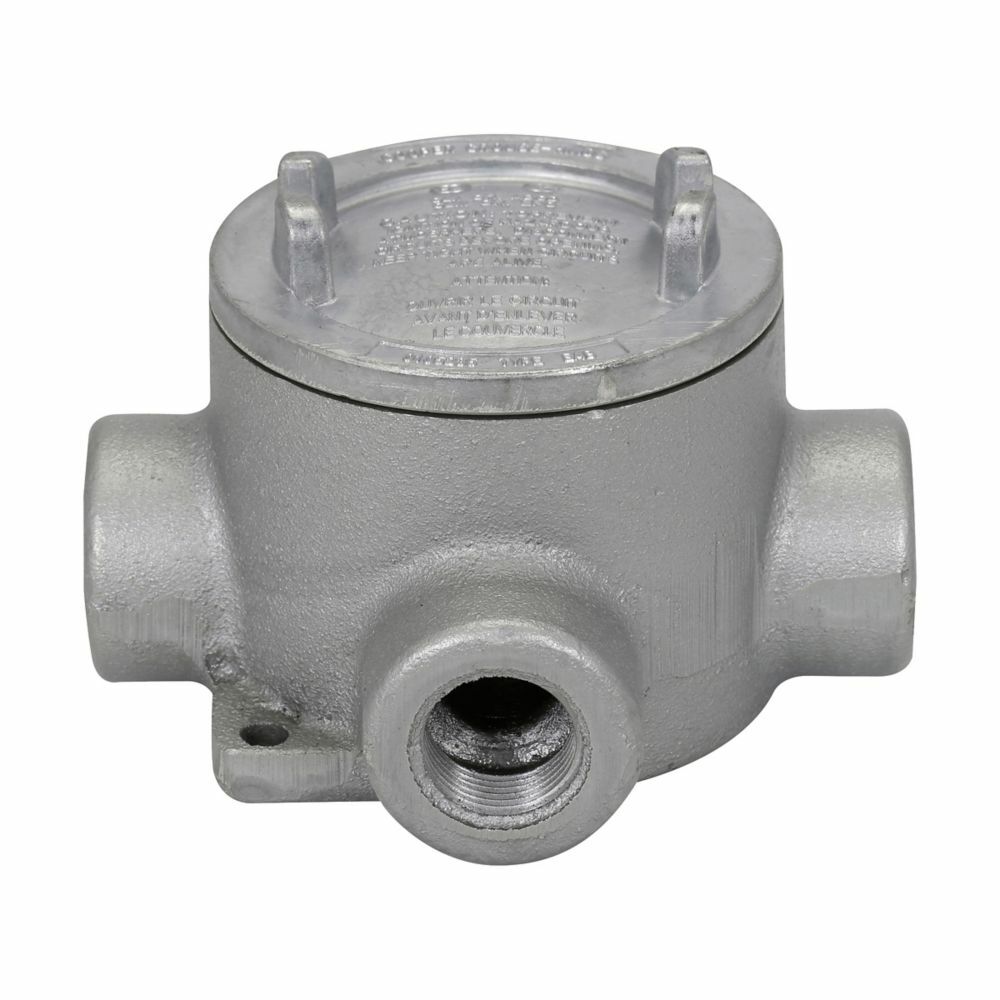 Eaton Crouse-Hinds series Condulet EAB conduit outlet box with cover, 3" cover opening diameter, Copper-free aluminum, X shape, 3/4"