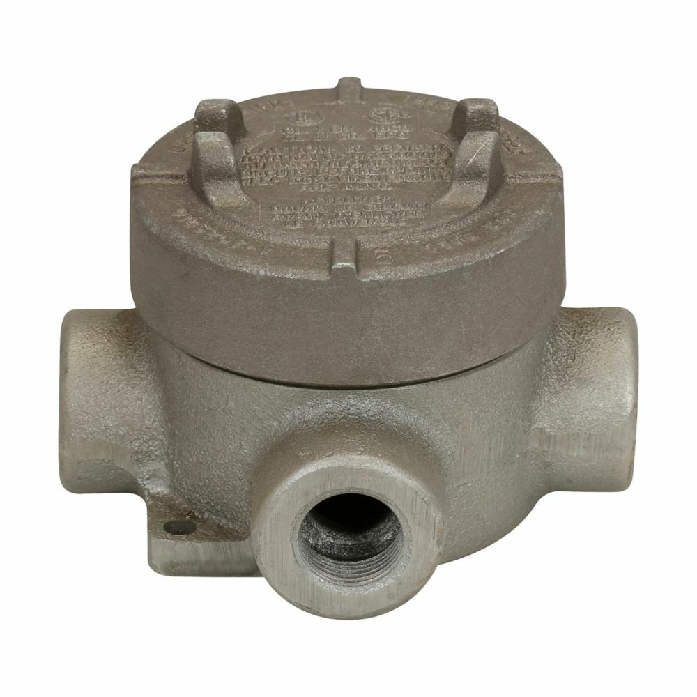 Eaton Crouse-Hinds series Condulet EAJ conduit outlet box with cover, 3-3/16" cover opening diameter, Copper-free aluminum, X shape, 3/4"