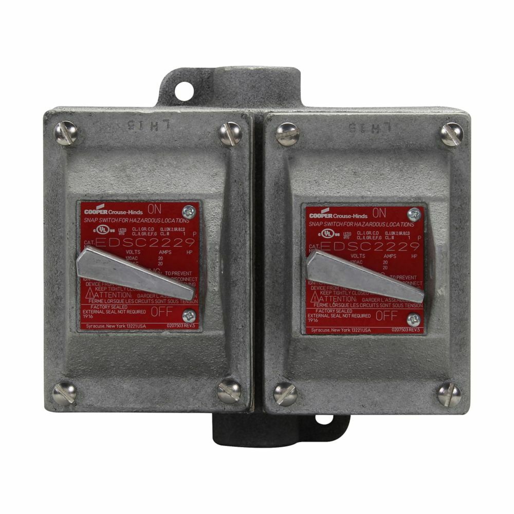 Eaton Crouse-Hinds series EDS snap switch control station, 20A, With switch, With one 1" hub, Feraloy iron alloy, 2, Two-gang, Three-pole, 1, 120-277V, Dead end, 3-way, 1", 120-277 Vac