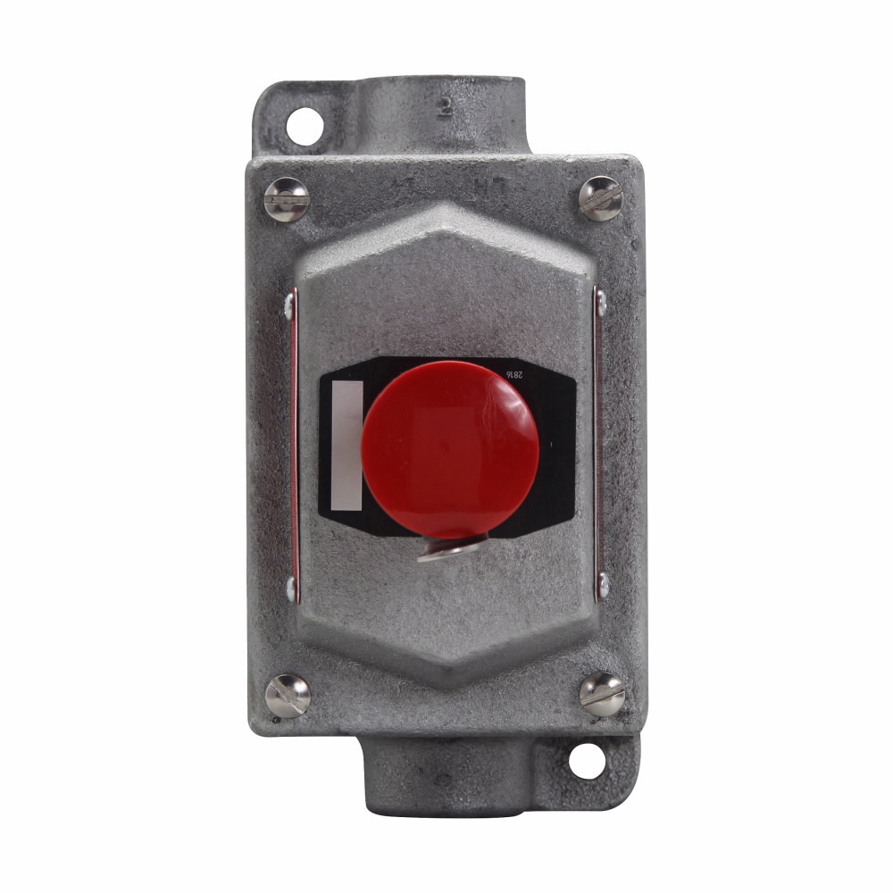 Eaton Crouse-Hinds series EDS pushbutton control station, With pushbuttons, Emergency, Stop, Feraloy iron alloy, Single circuit universal, 1, Single-gang, 1, Maintained contact mushroom head, Through feed, 3/4", 600 Vac
