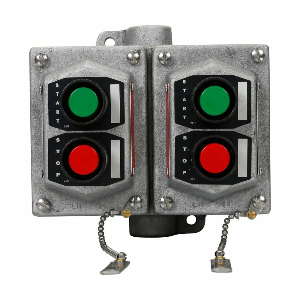 Eaton Crouse-Hinds series EDS pushbutton control station, With pushbuttons, Feraloy iron alloy, Two circuit, 2, Two-gang, 2, Through feed, 3/4", 600 Vac