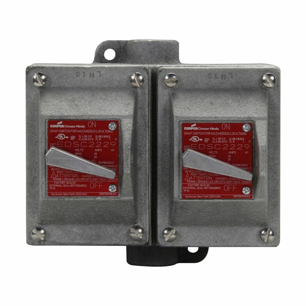 Eaton Crouse-Hinds series EDS snap switch control station, 20A, With switch, With two 3/4" hubs, Feraloy iron alloy, 2, Two-gang, Two-pole, 120-277V, Factory sealed, Through feed, Two-pole, 3/4", 120-277 Vac