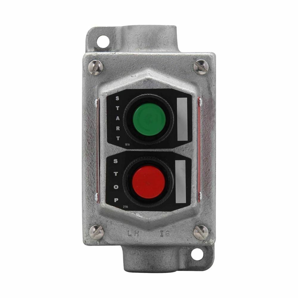 Eaton Crouse-Hinds series EDS pushbutton control station, With pushbuttons, Start, Stop, Feraloy iron alloy, Two circuit, 2, Single-gang, 2, Through feed, 1", 600 Vac