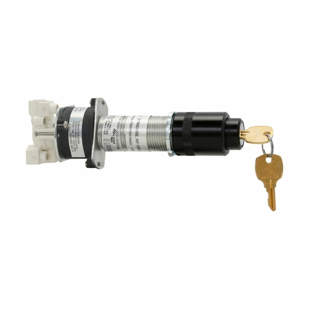 Eaton Crouse-Hinds series EMPS selector switch operator, Short, Three-position selector switch, key operated, Key removal center only, One contact block