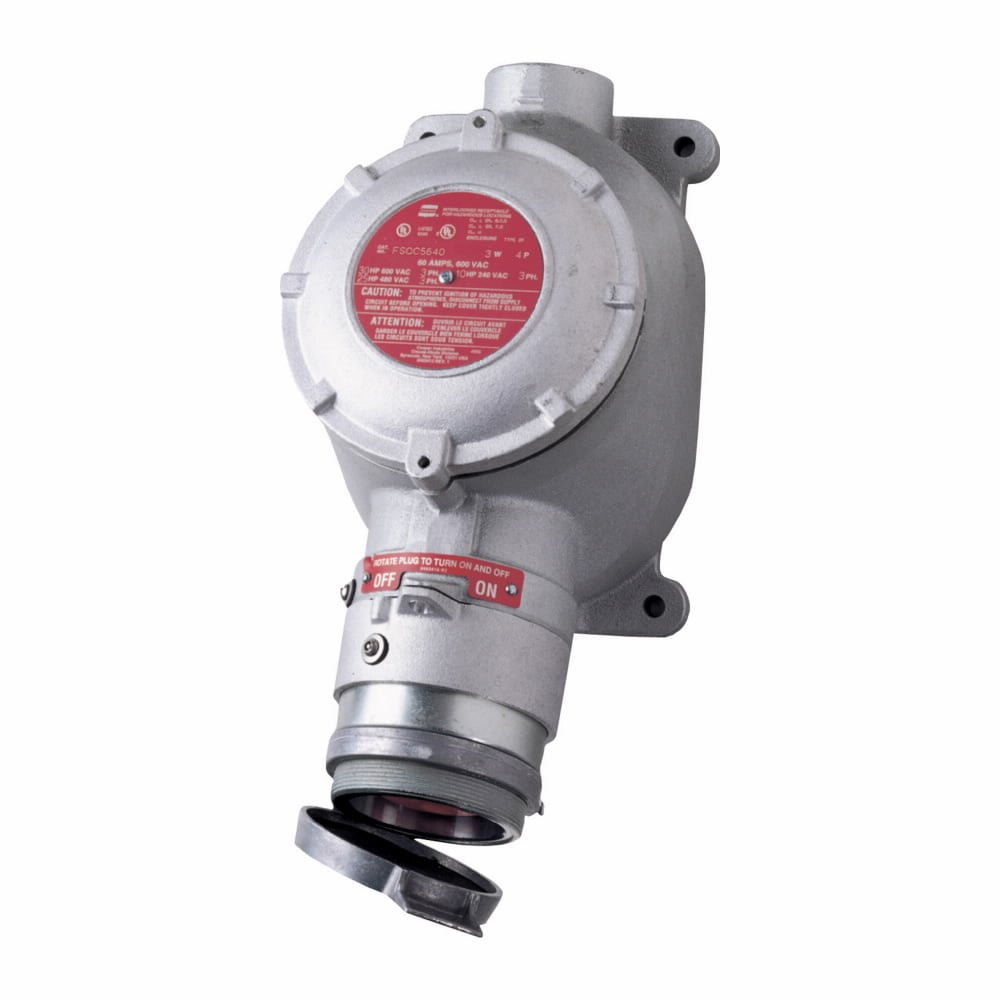 Eaton Crouse-Hinds series Arktite FSQC interlocked receptacle with switch, 30A, Through feed, Two-wire, three-pole, Brass contacts, Copper-free aluminum, Spring door, 3/4", Two-pole switch, 120-600 Vac