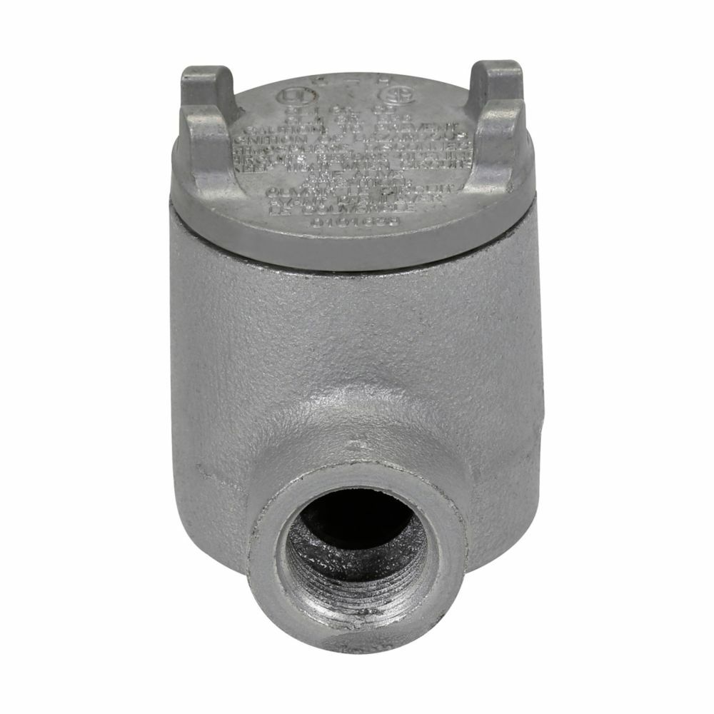 Eaton Crouse-Hinds series Condulet GUA conduit outlet box with cover, 2" cover opening diameter, Copper-free aluminum, B shape, 1/2"