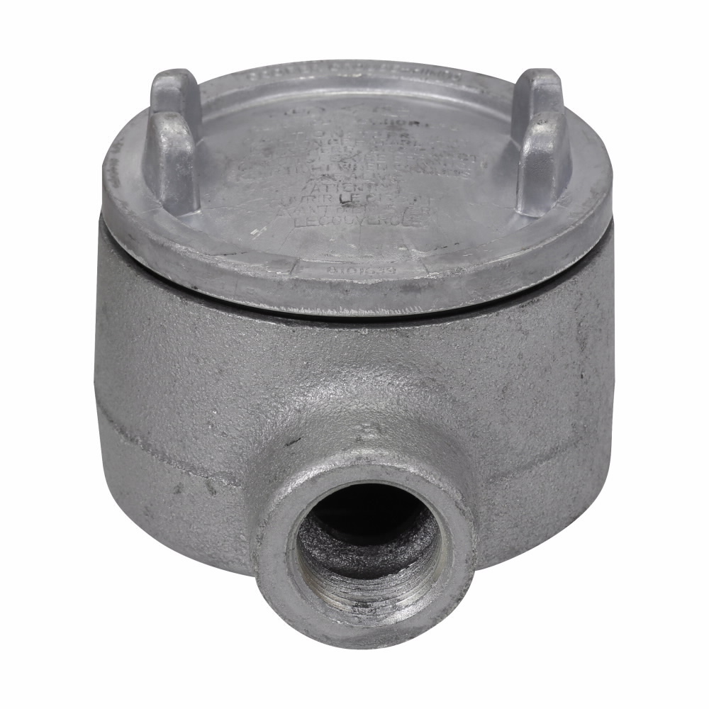 Eaton Crouse-Hinds series Condulet GUA conduit outlet box with cover, 3" cover opening diameter, Copper-free aluminum, B shape, 3/4"