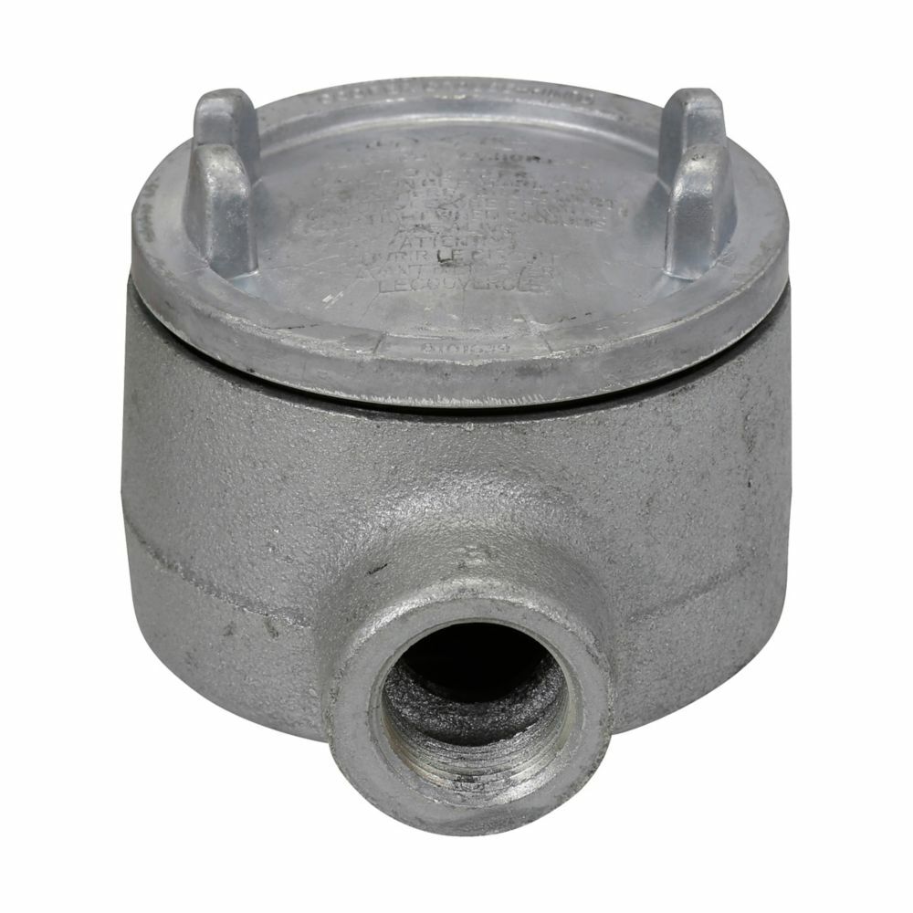 Eaton Crouse-Hinds series Condulet GUA conduit outlet box with cover, 5" cover opening diameter, Copper-free aluminum, B shape, 1-1/2"