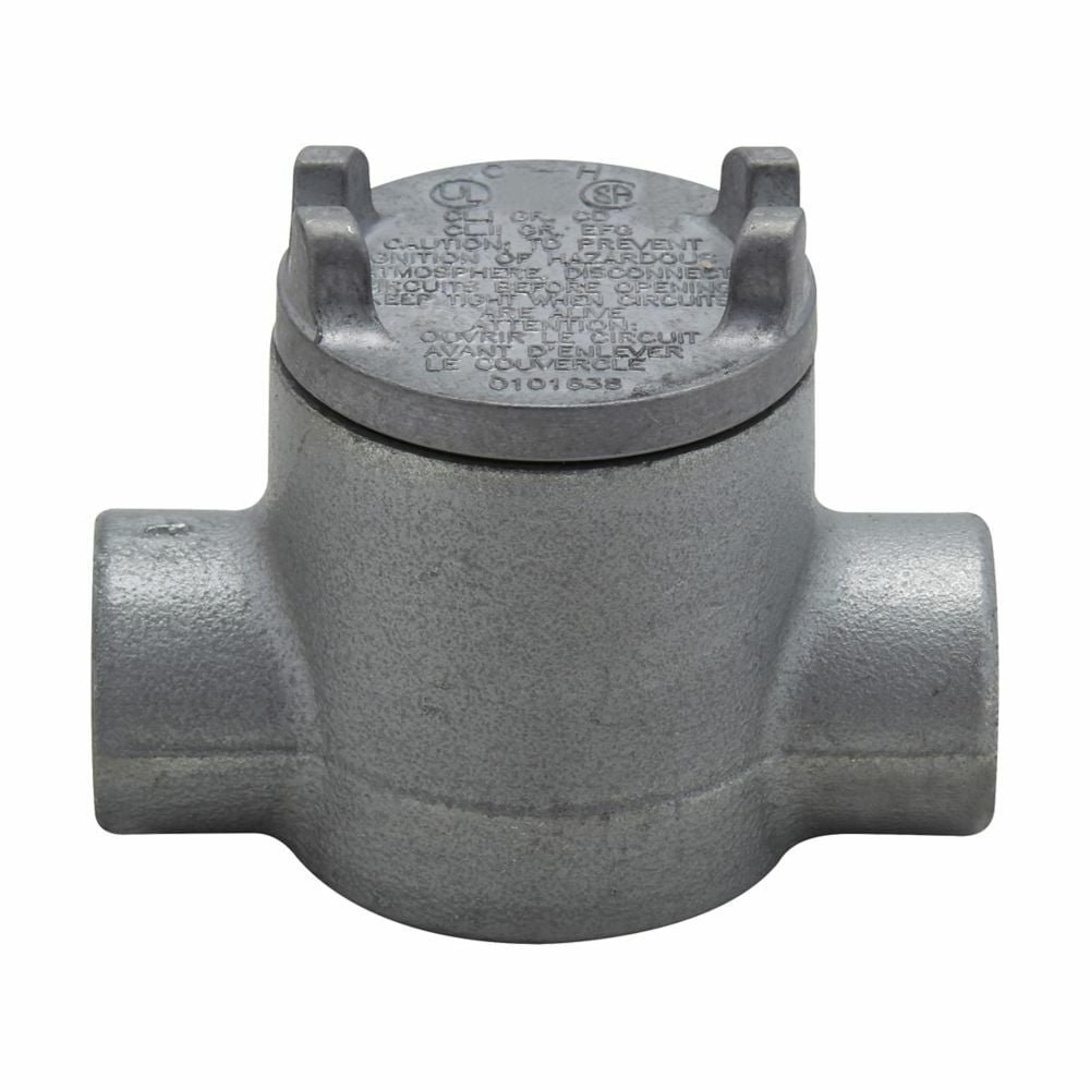 Eaton Crouse-Hinds series Condulet GUA conduit outlet box with cover, 2" cover opening diameter, Copper-free aluminum, C shape, 1/2"