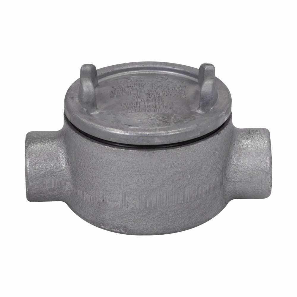 Eaton Crouse-Hinds series Condulet GUA conduit outlet box with cover, 3" cover opening diameter, Copper-free aluminum, C shape, 3/4"