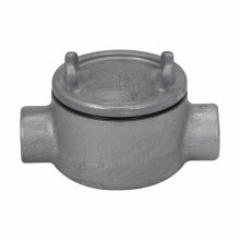 Eaton Crouse-Hinds series Condulet GUA conduit outlet box with cover, 3-5/8" cover opening diameter, Copper-free aluminum, C shape, 1-1/4"