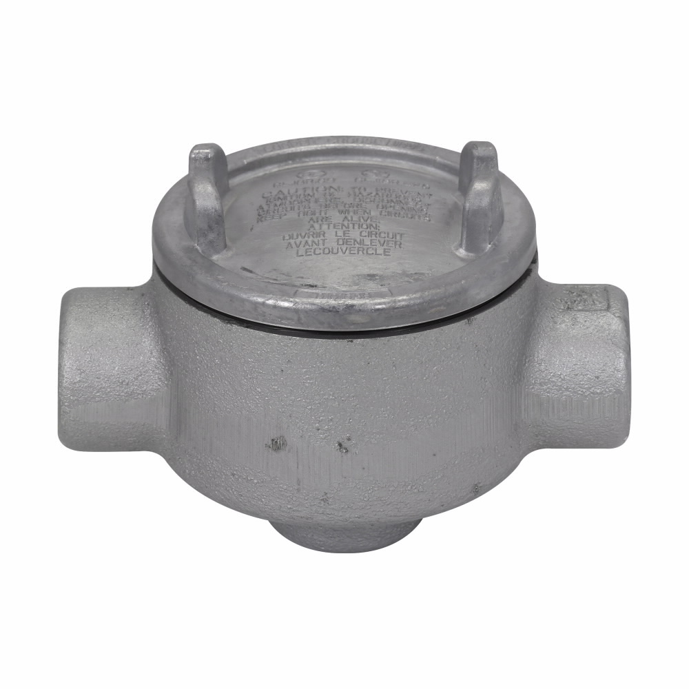 Eaton Crouse-Hinds series Condulet GUA conduit outlet box with cover, 3" cover opening diameter, Copper-free aluminum, D shape, 3/4"
