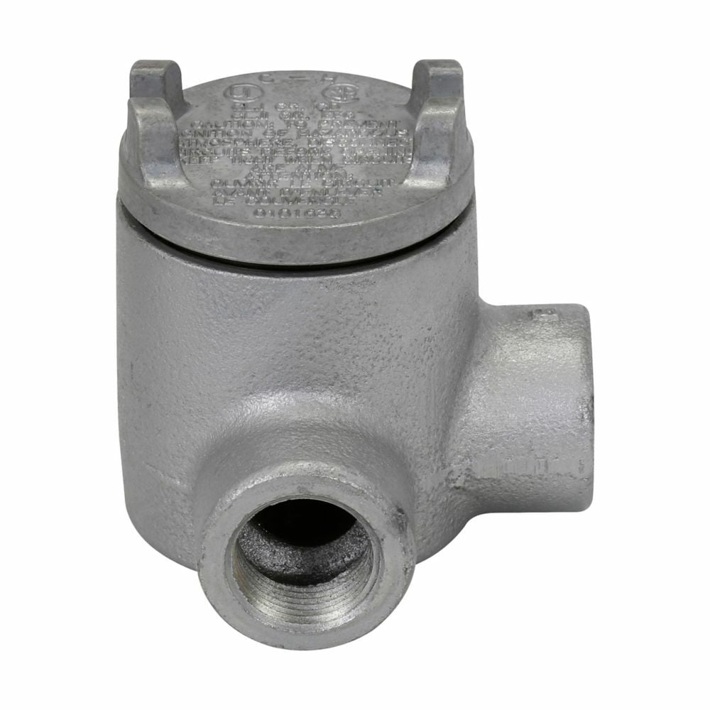 Eaton Crouse-Hinds series Condulet GUA conduit outlet box with cover, 2" cover opening diameter, Copper-free aluminum, L shape, 3/4"